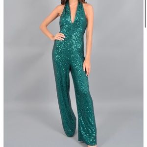Jump Apparel Sequin Halter Jumpsuit Emerald, XS